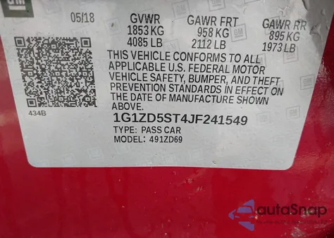 2018 Chevrolet Malibu Lt z USA, uszkodzony, nr VIN 1G1ZD5ST4JF241549